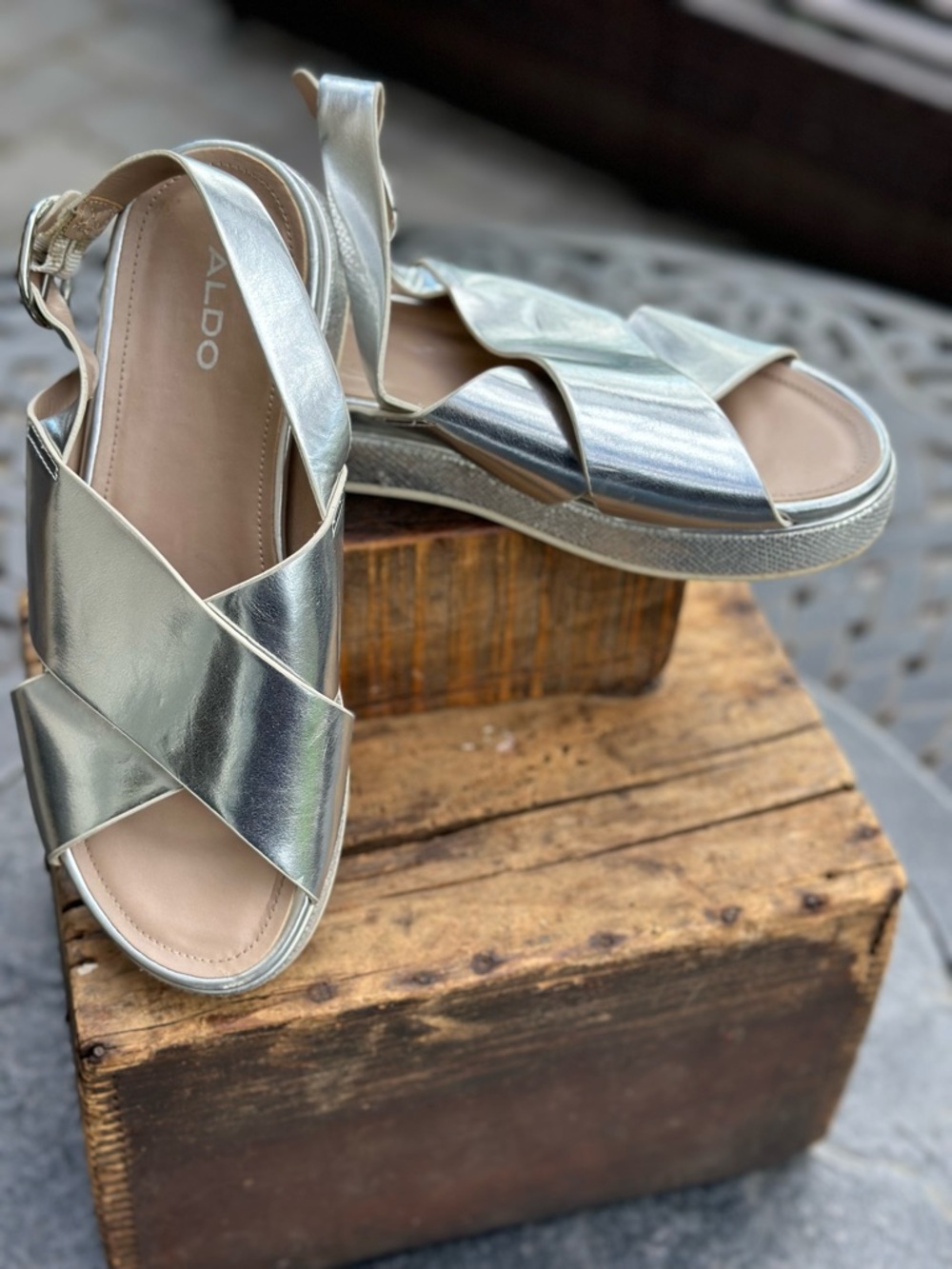 ALDO Metallic Silver Platform Sandals Criss Cross Slingback Summer Shoes - Picture 2 of 10